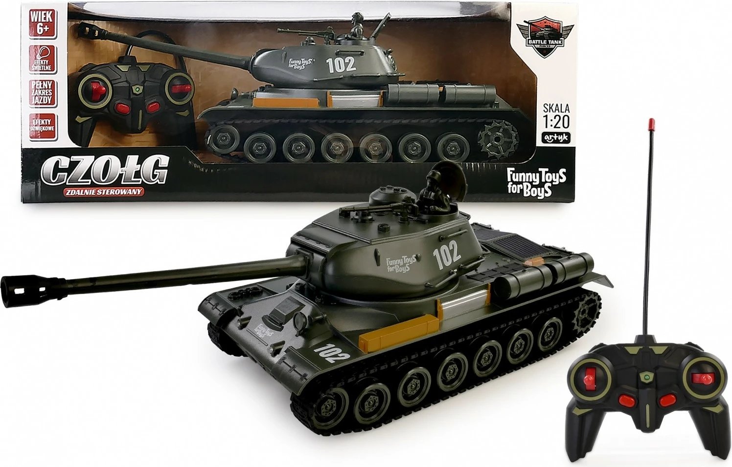 Tank me telekomandë, Artyk 172373, shkallë 1:20, 38 cm, dritë dhe zë, bateri 4.8V e rikarikueshme, ngjyrë e zezë/khaki, set me kontrollues e karikues Tank me telekomandë, Artyk 172373, shkallë 1:20, 38 cm, dritë dhe zë, bateri 4.8V e rikarikueshme, ngjyrë e zezë/khaki, set me kontrollues e karikues