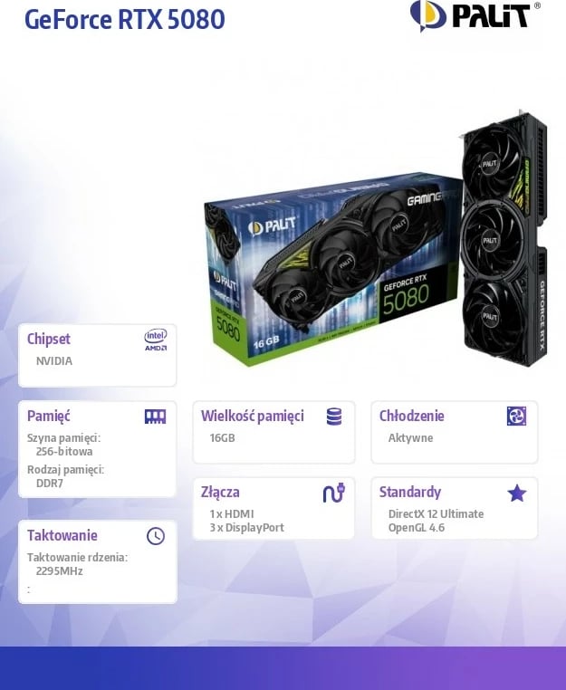 Kartelë grafike Palit GeForce RTX 5080 GAMING PRO V1, 16GB GDDR7, 256-bit, e zezë
