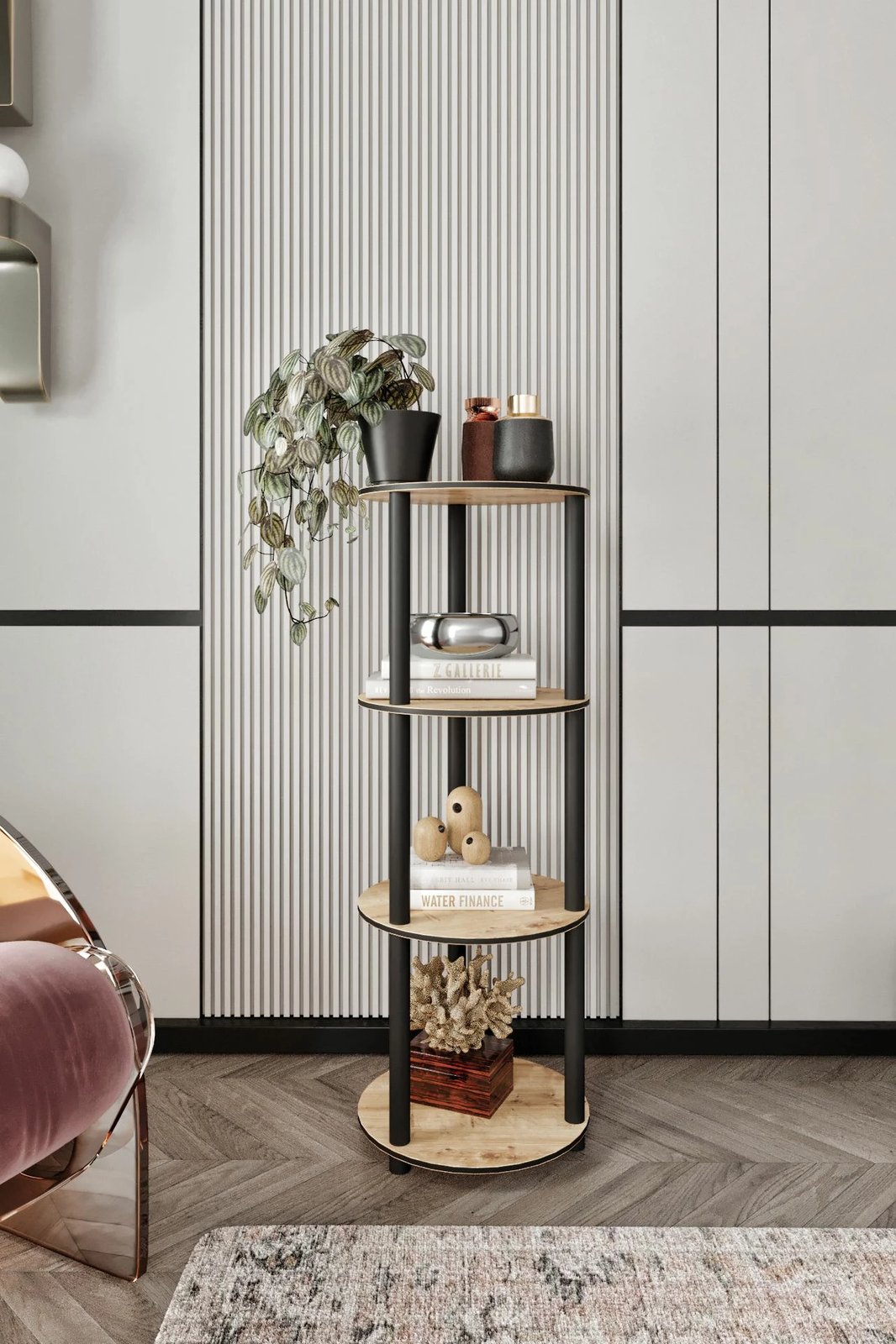 Raft librash Skye Decor, 4 kate, i rrumbullakët, ngjyrë lisi