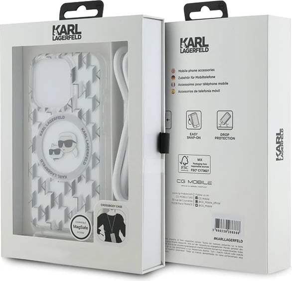 Mbështjellës Karl Lagerfeld IML Crossbody Monogram Karl & Choupette Head MagSafe për iPhone 15 Pro, Transparent