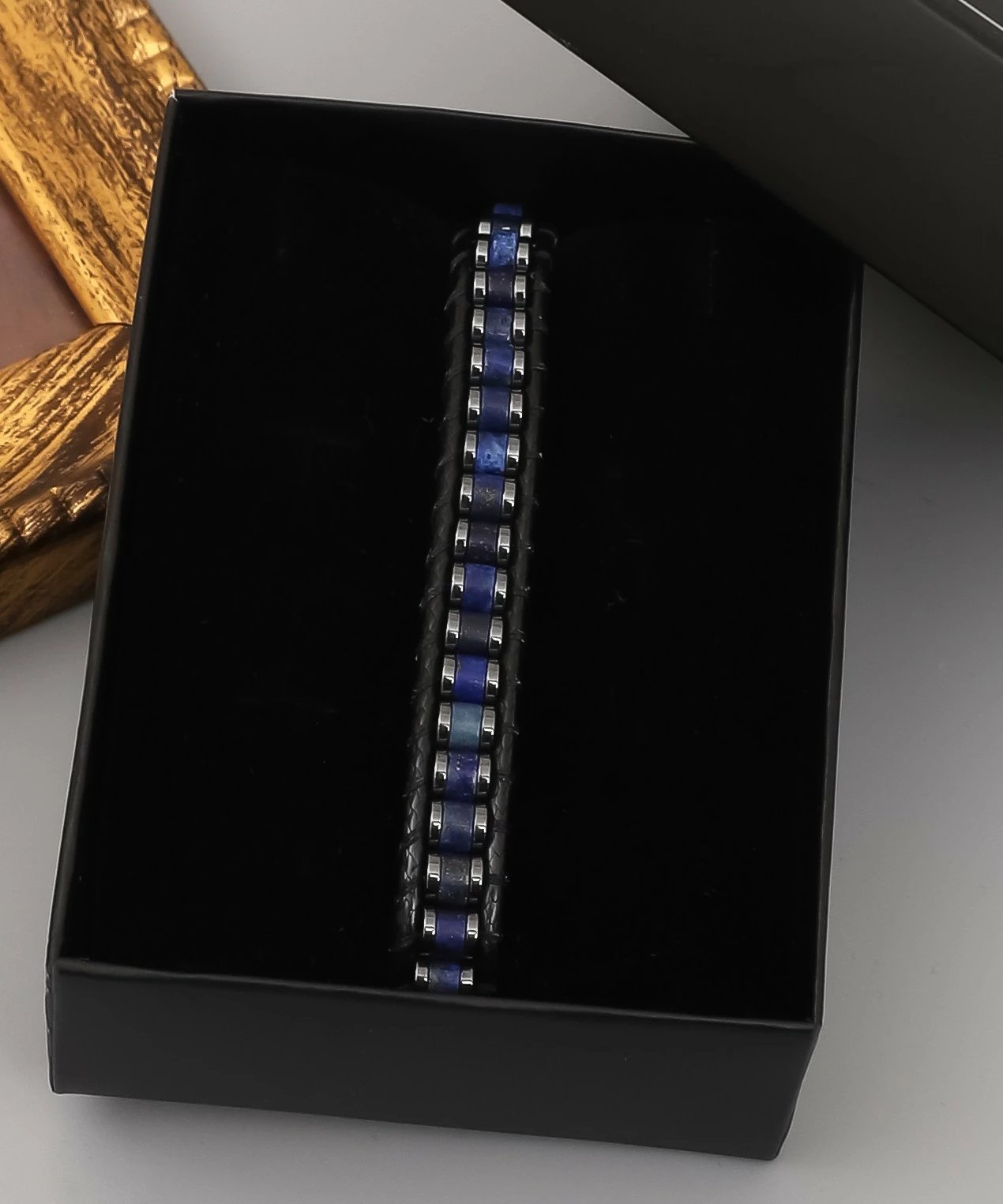 Byzylyk Jumeon, gurë navy lapis dhe hematit, lëkurë, ngjyrë blu e errët, YRABL2059, 17cm