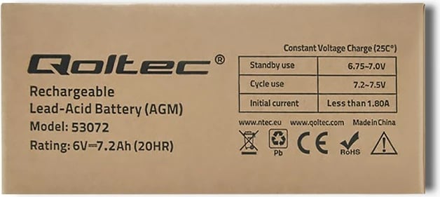 Bateri Qoltec 53072 AGM, 6V, 7.2Ah