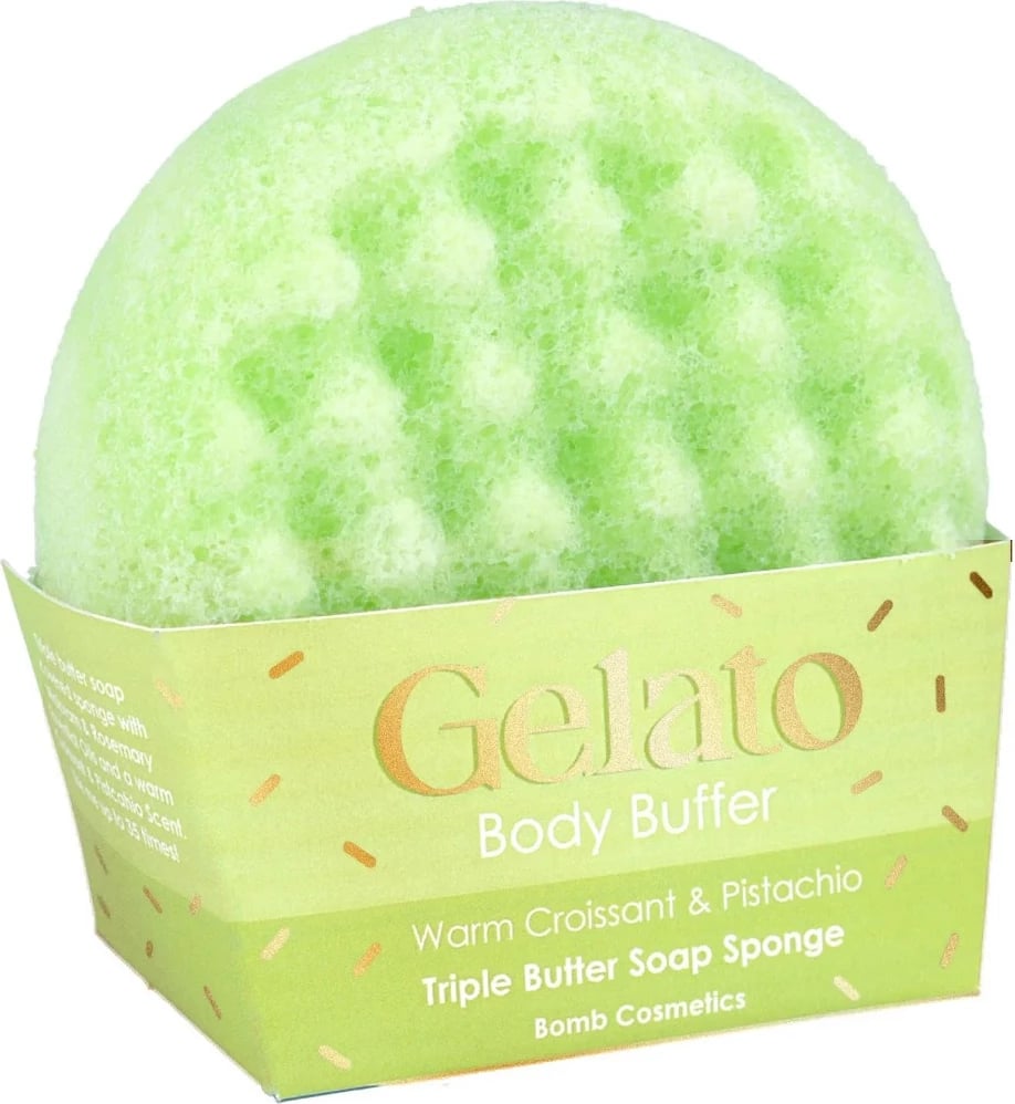 Sfunguese trupi me sapun për femra Bomb Cosmetics Gelato Body Buffer Warm Croissant & Pistachio, 200g