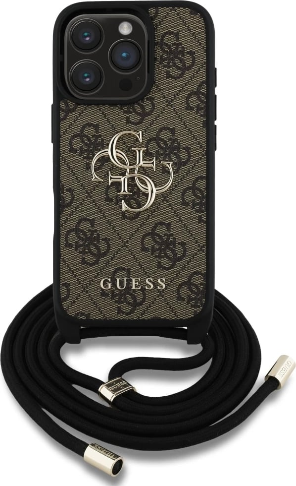 Mbështjellës Guess 4G Big Logo Cord Stap Crossbody për iPhone 16 Pro, Kafe