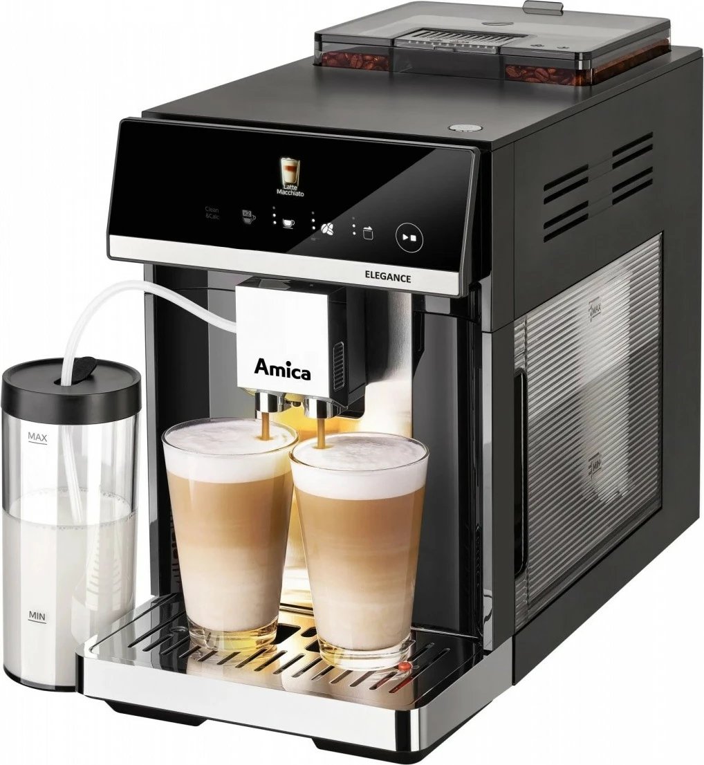 Aparat espresso, Amica Elegance CM 7011, 15 bar, 1725 W, mulli çeliku 5 nivele, depozitë ujit 1.8 L, depozitë kafeje 250 g, sistem qumështi, i zi