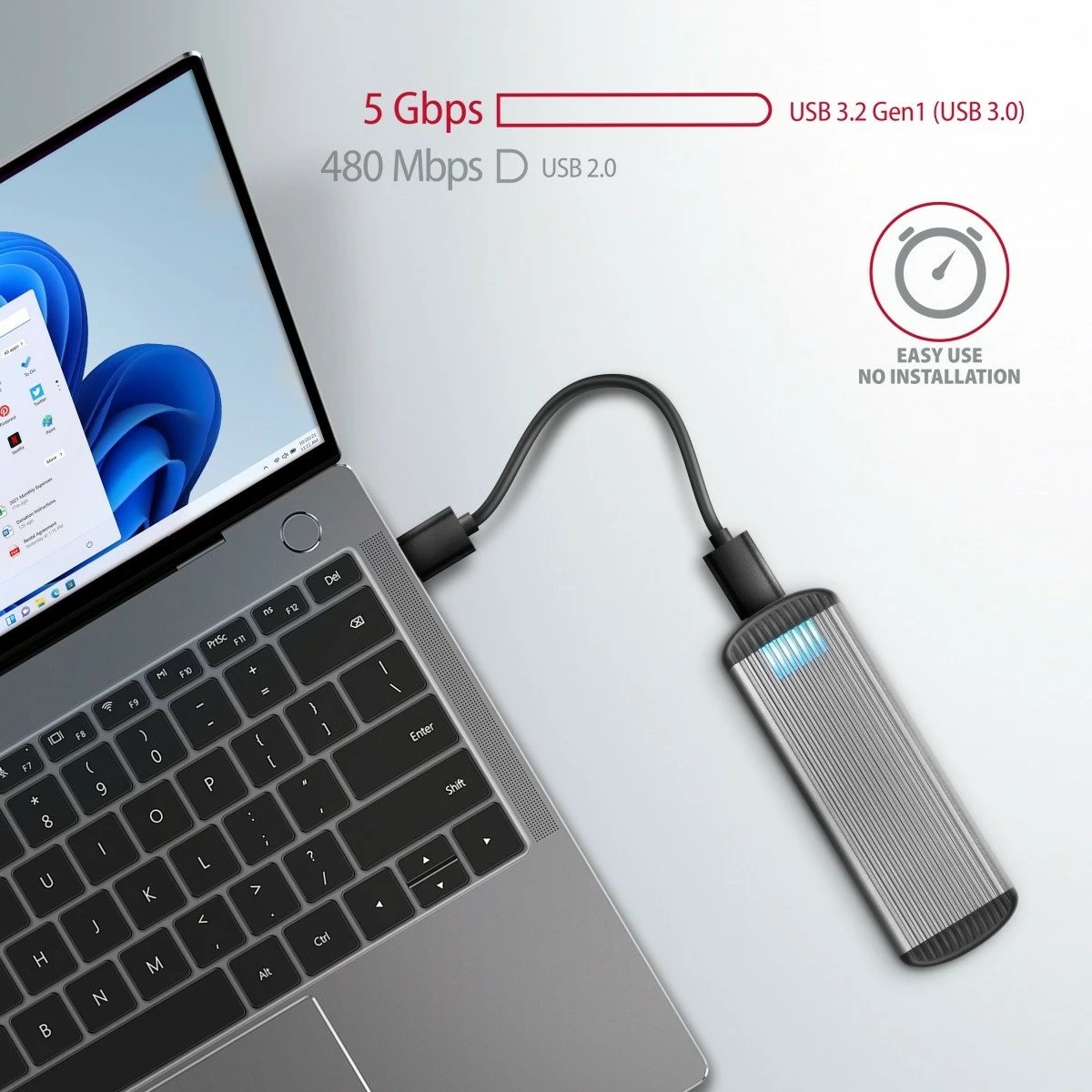 Kasë e jashtme AXAGON EEM2-SA për M.2 SATA SSD, USB 3.2 Gen 1, Alumini, E zezë/Argjendtë