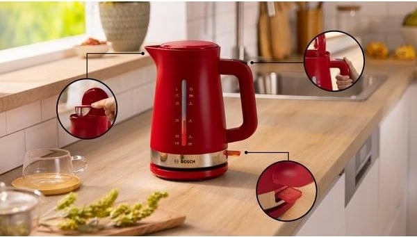Çajnik Bosch TWK4M224, 1.7 L, 2400 W, Inoks, Kuqe Çajnik Bosch TWK4M224, 1.7 L, 2400 W, Inoks, Kuqe