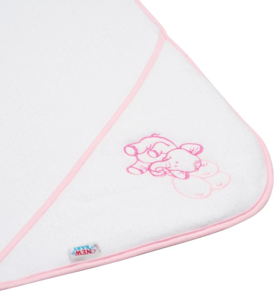 Peshqir me kapuç, New Baby, terry 100x100 cm, 80% pambuk, me qëndisje elefant, i bardhë