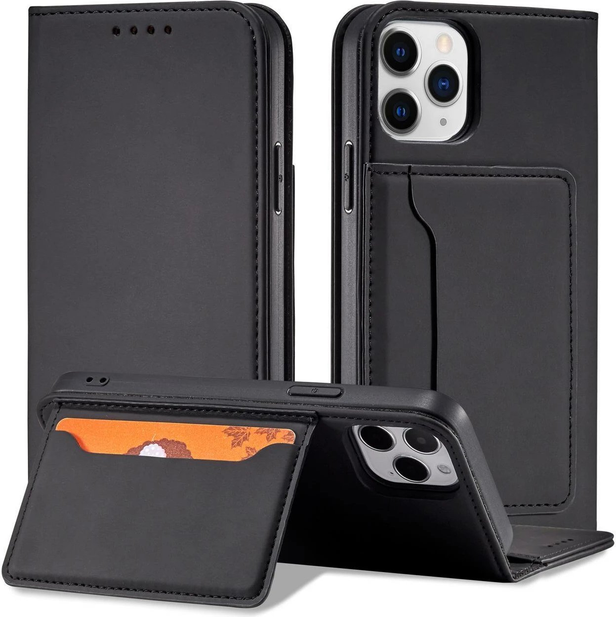 Mbështjellës Hurtel Magnet Card Case për iPhone 12, me portofol dhe mbajtëse, e zezë