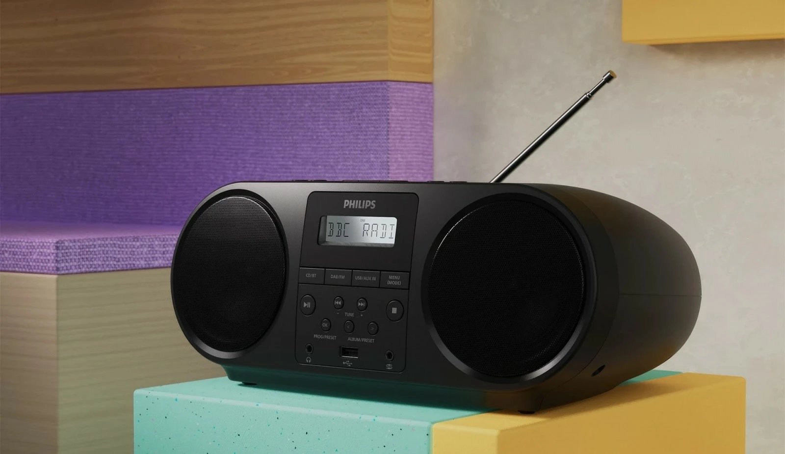 Boombox radio CD, Philips, TAZ6000/10, DAB+/FM, Bluetooth 5.4, USB/AUX, CD/MP3, 4 W, i lëvizshëm, e zezë