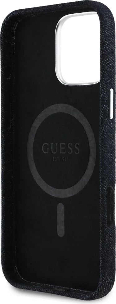 Mbështjellës Guess Denim Triangle Logo MagSafe për iPhone 16 Pro Max, Zi