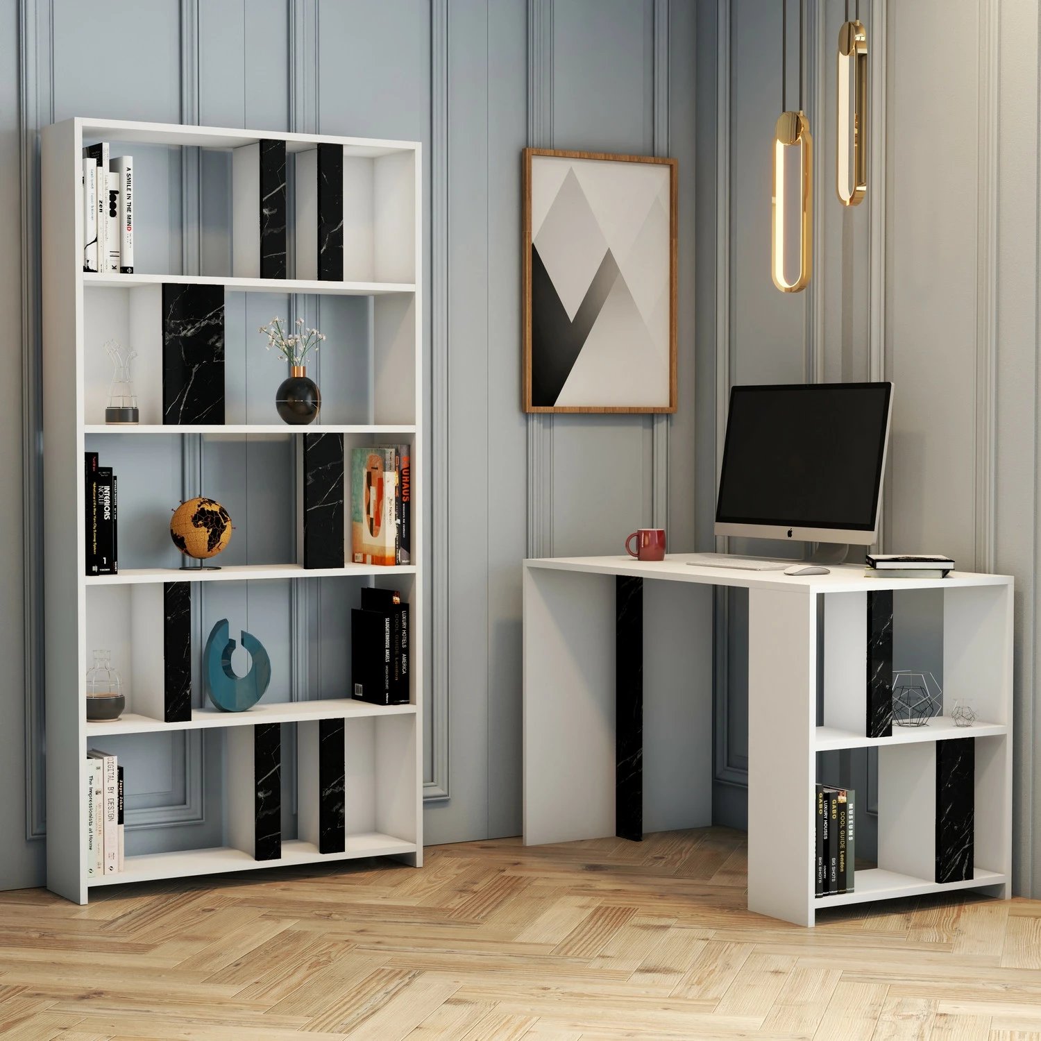 Set tavoline pune me raft librash Skye Decor, ngjyrë e bardhë, mermer i zi