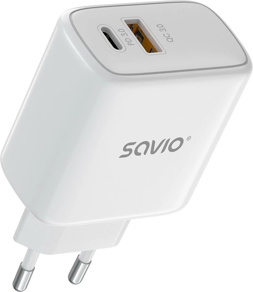 Karikues murale, Savio LA-12 (SAVLA-12), 20W PD 3.0 & QC 3.0, 2 porta (USB-A + USB-C), prizë EU, i bardhë