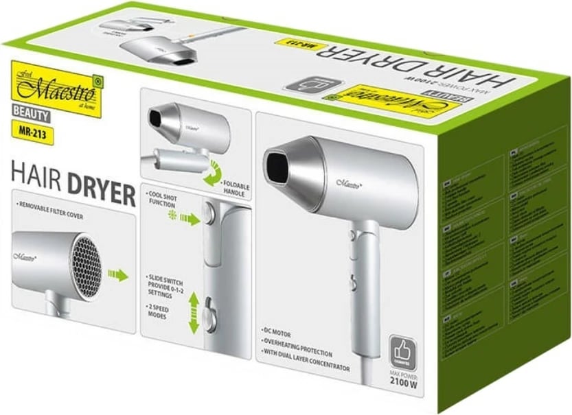 Tharëse flokësh Feel-Maestro MR-213, 2100W, dorezë e palosshme, argjend/bardhë