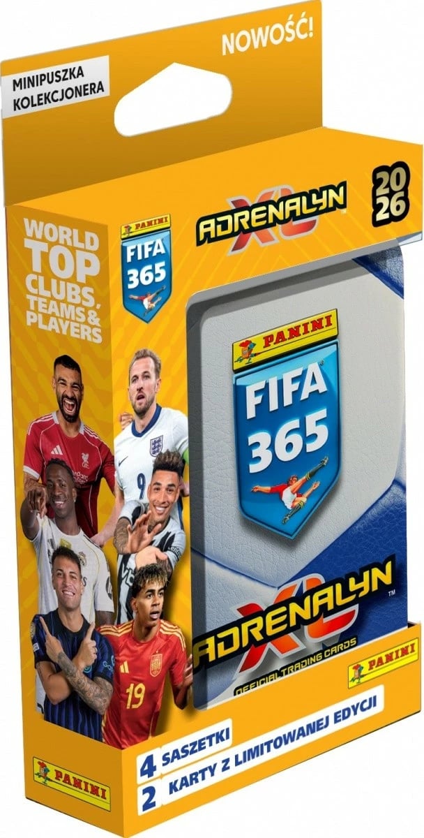 Set kartash koleksionuese Panini FIFA 365 Adrenalyn XL 2026, mini kuti metalike, 4 pako, 2 karta edicion i limituar