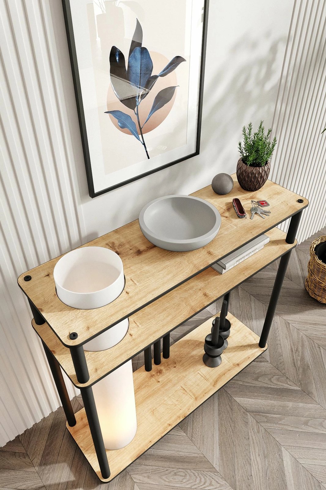 Llambë dyshemeje Opviq, ngjyrë lisi, me raft