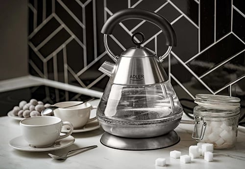 Zierëse uji elektrike, Adler AD 1282, 1.5L, 1850–2200W, STRIX, LED blu, bazë 360°, qelq/çelik, inox