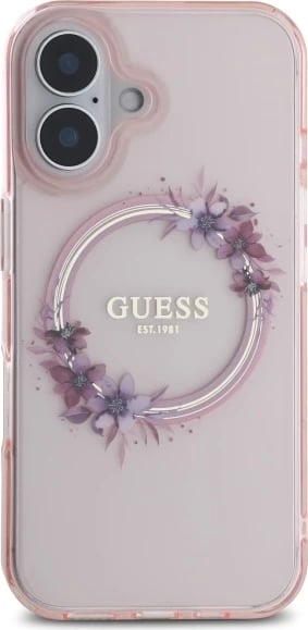 Mbështjellës Guess IML Flowers Wreath MagSafe për iPhone 16, Rozë Mbështjellës Guess IML Flowers Wreath MagSafe për iPhone 16, Rozë