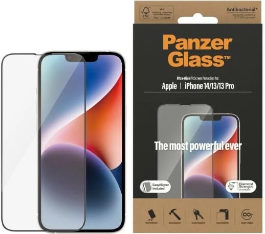 Mbrojtës ekrani PanzerGlass Ultra-Wide Fit Privacy me EasyAligner për iPhone 14/13 Pro/13, Antibakterial