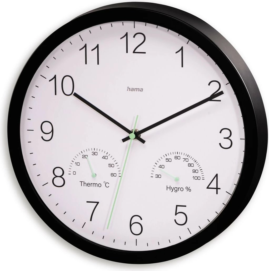 Orë muri, Hama, 185885, 30 cm analog me higrometër dhe termometër, e zezë