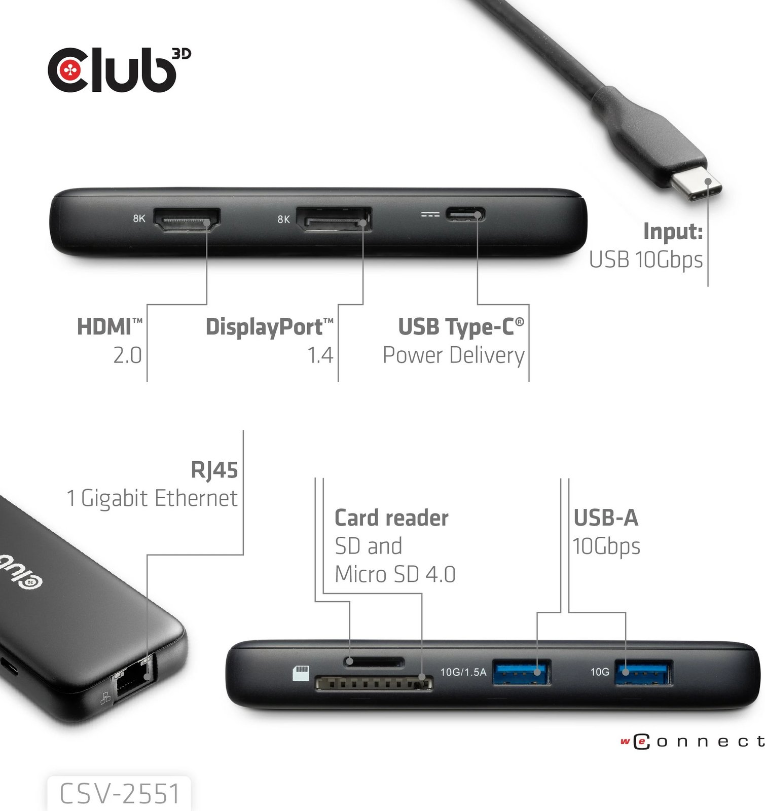 USB-C HUB Club3D CSV-2551, 8 porte, HDMI 8K, DP 8K, LAN, PD 100W