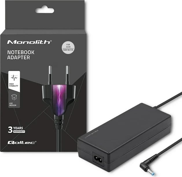 Adapter Qoltec për laptop Acer 135W, 19V, 7.1A, kabllo përfshirë, ngjyrë e zezë