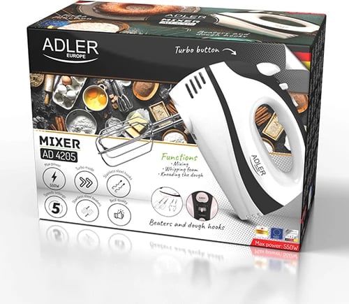 Mikser dore, Adler AD 4205, 300W (max 550W), 5 shpejtësi, Turbo, set rrahëse + spiralë, bardh e zi