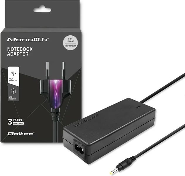 Adapter rryme për laptop Qoltec 45W, për Lenovo IdeaPad, 20V 2.25A, me kabllo rryme, i zi