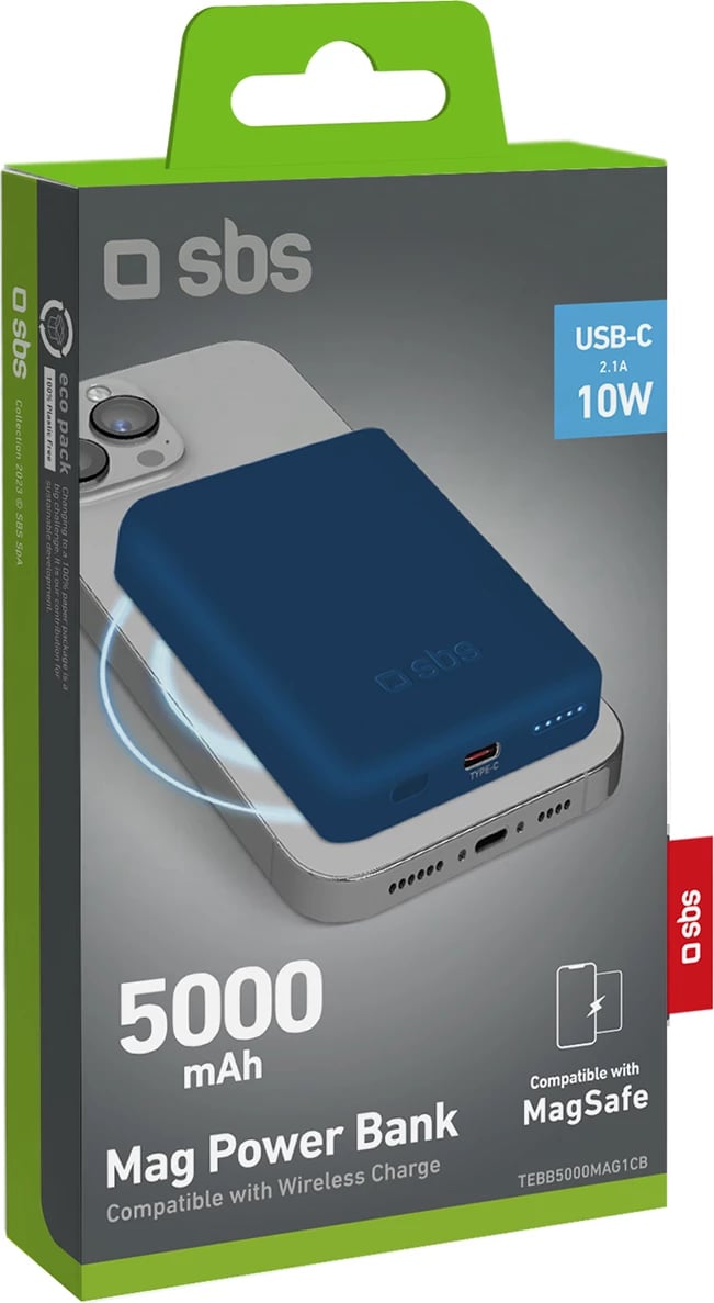 Powerbank SBS TEBB5000MAG1CB, 5000 mAh, MagSafe, Qi, USB-C, kaltër