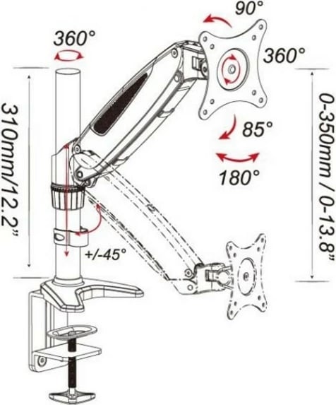 Krah tavoline për monitor Techly 022427, 15-27 inç, sustë gazi, 8 kg, zezë-çelik