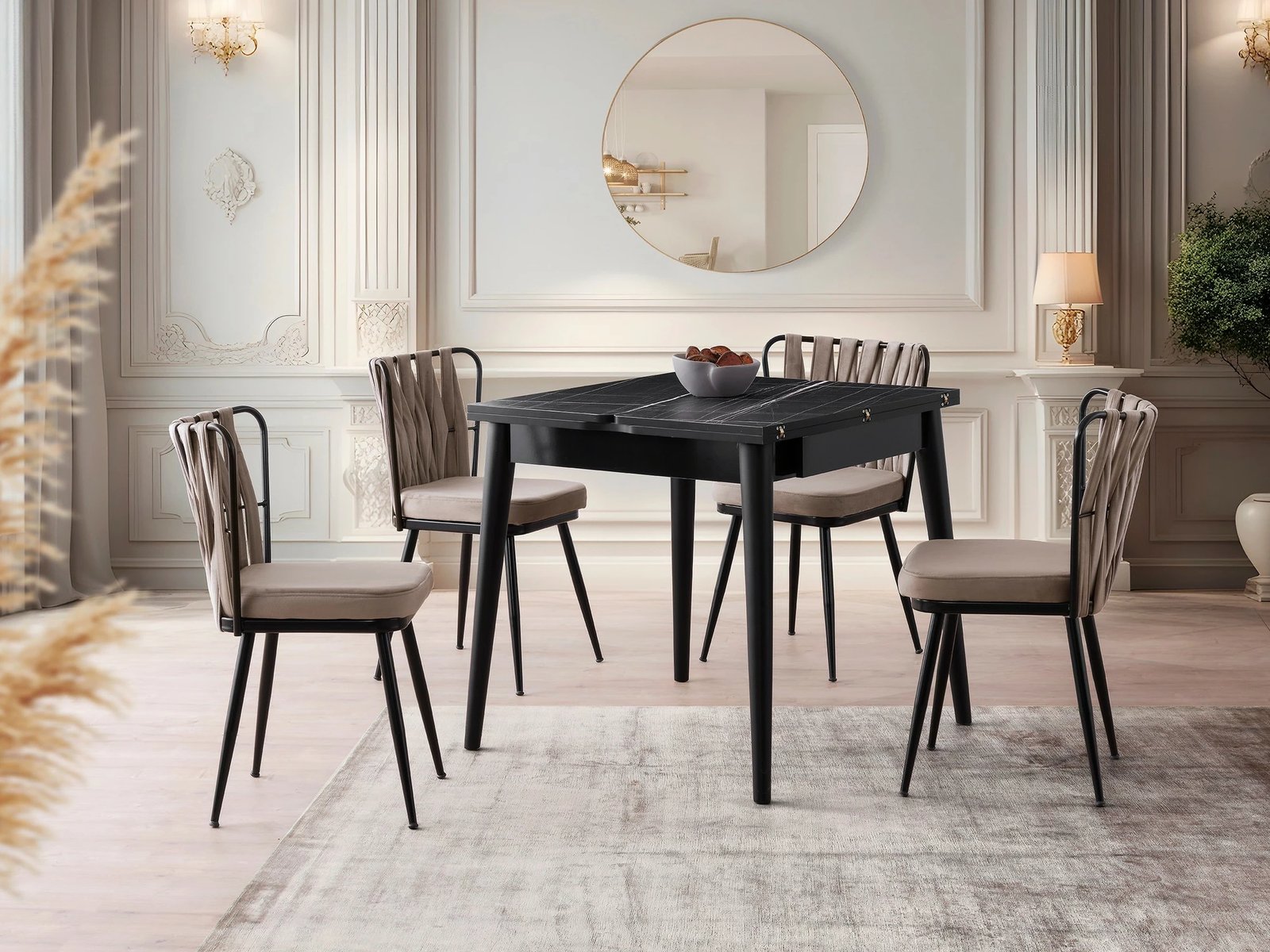 Tavolinë ngrënieje e zgjatshme, ngjyrë mermeri të zi, Skye Decor, Totem - 3041