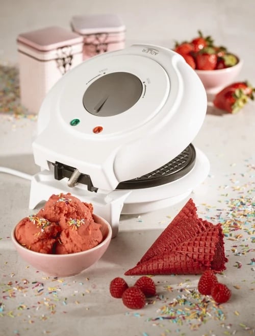 Aparat për petë vafle/konë, Adler, AD 3038, pjatat 18 cm, regulator temperature, shtresë jo‑ngjitëse, formues kone, 750W nom./1500W max, e bardhë