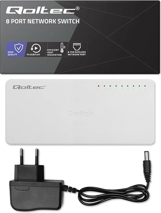 Switch Qoltec 52246, 8 porta RJ45, Fast Ethernet 100Mbps, i bardhë