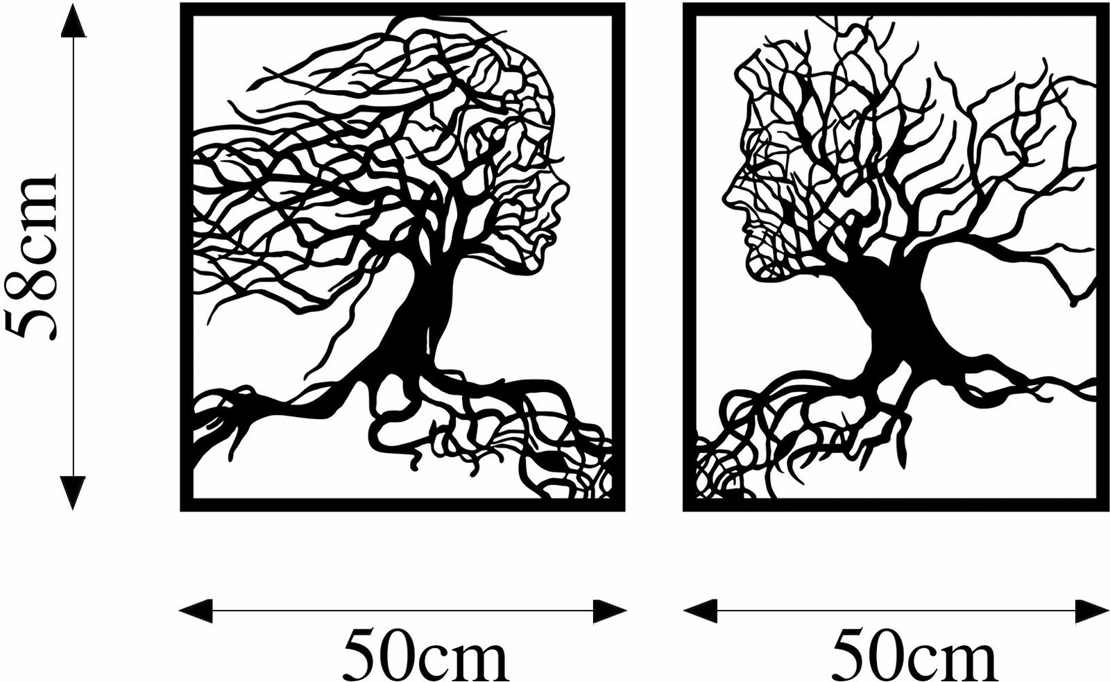 Aksesor dekorativ metalik për mur, Wallity, pemë mashkull dhe femër, 2 copë, 50x58cm