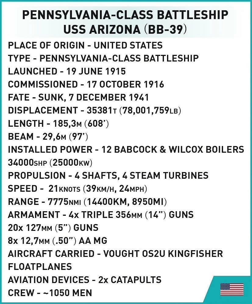 Set ndërtimi Cobi Klocki USS Arizona BB-39, 2046 pjesë, plastikë, Historical Collection