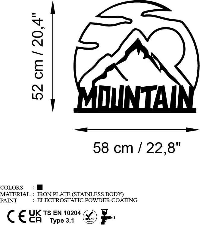 Aksesor dekorativ metalik për mur, motiv mali, Wallity, 58x52cm, i zi