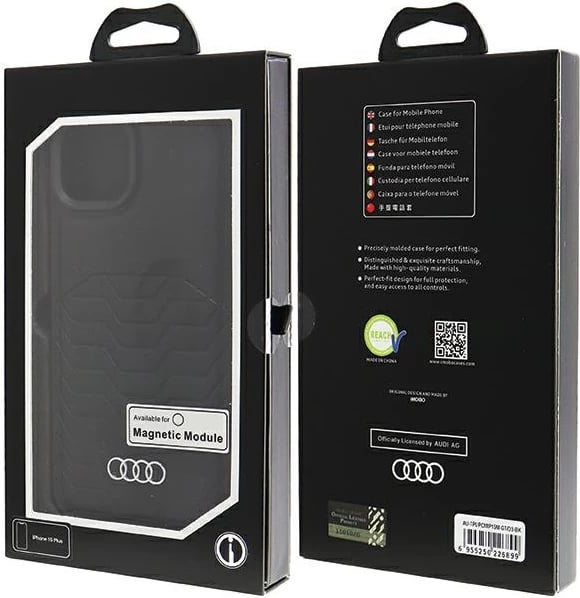 Mbështjellës Audi për iPhone 15 Plus / 14 Plus, MagSafe, lëkurë sintetike, i zi
