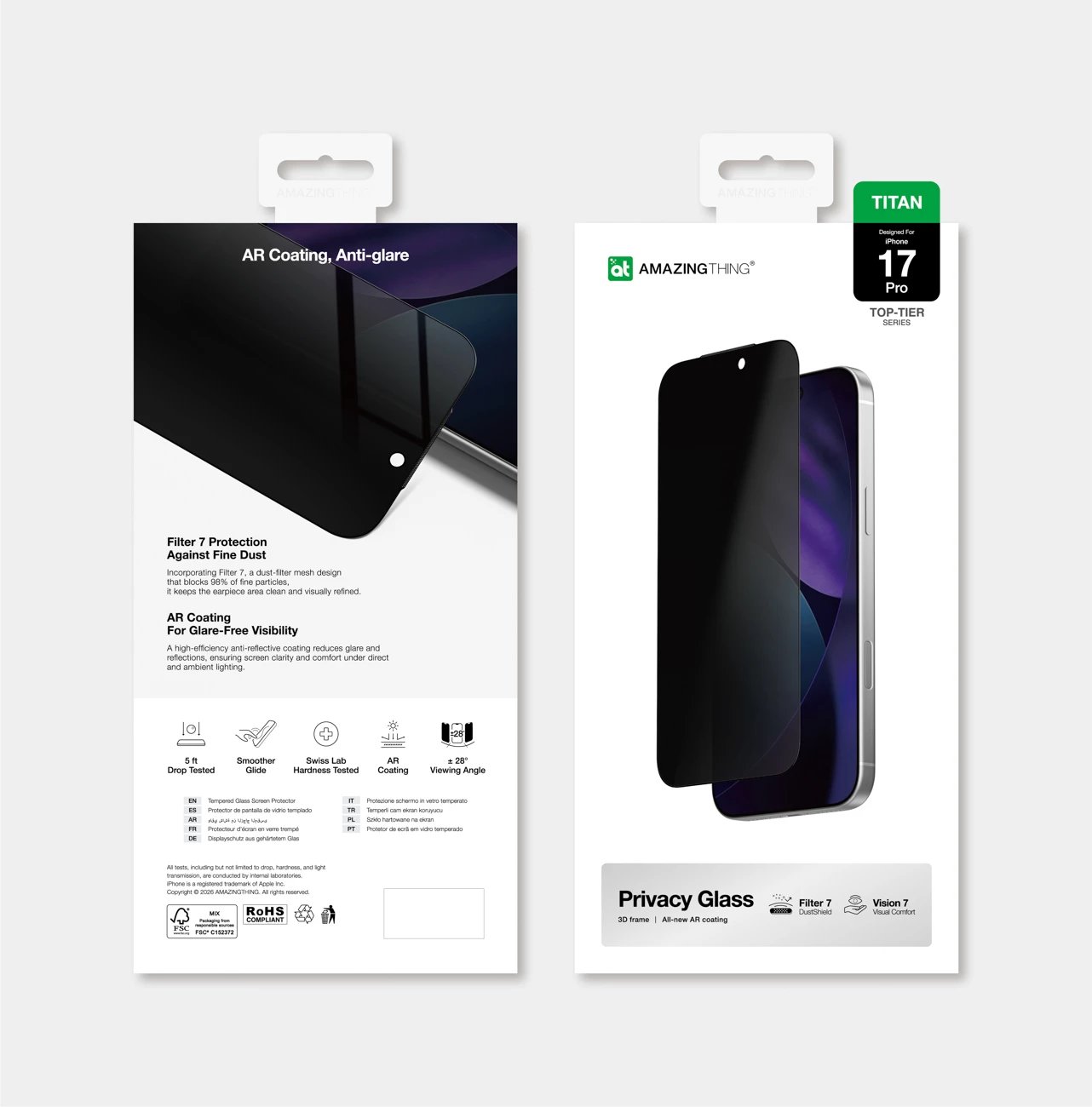 Xham i temperuar privatësie, AmazingThing, Titan Vision 7, për iPhone 17 Pro, ±28° Privacy, 9H, anti-reflektues, Filter 7