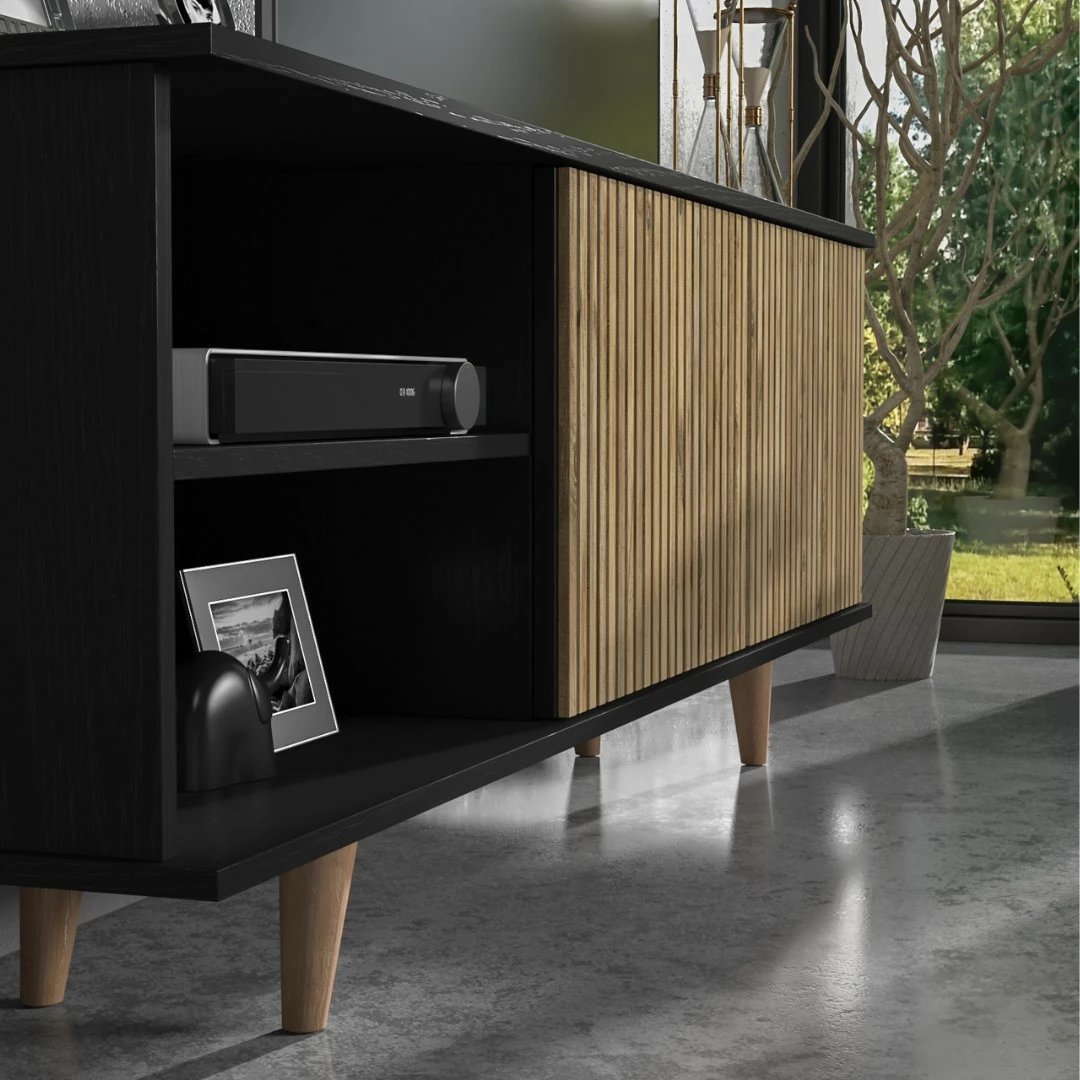 Komodë TV Hanah Home, FRN-9002-3, ngjyrë druri, e zezë, Atlantic Pine, 180x64x35cm