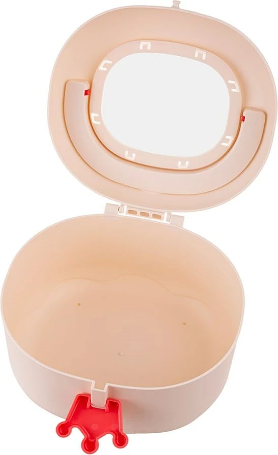 Kuti ruajtëse për lodra gringëlluese dhe kafshues, AKUKU, me dorezë, kapëse në formë kurore, grilë tharëse/sitë, dritare transparente, 20x18x13 cm, e bardhë