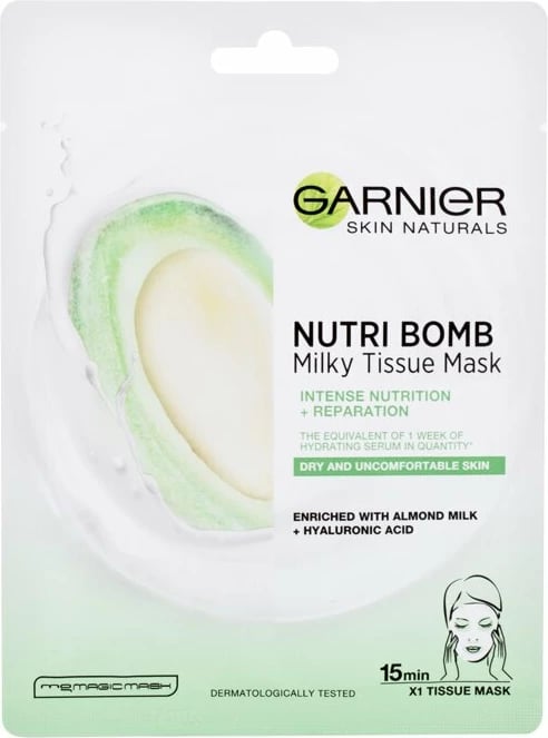 Maskë për fytyrë sheet për femra Garnier Skin Naturals Nutri Bomb Almond Milk + Hyaluronic Acid, 1 copë