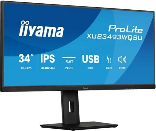 Monitor iiyama ProLite XUB3493WQSU-B6 34" IPS UWQHD 3440x1440 21:9 panel i rrafshët USB hub altoparlantë 2x5W rregullim lartësie 15 cm i zi