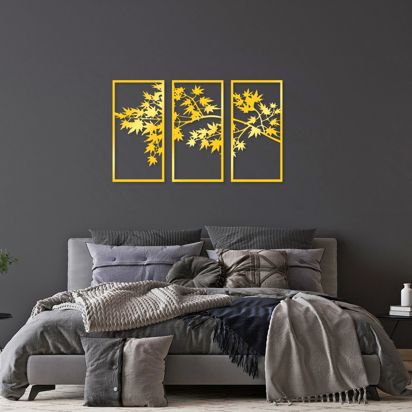 Aksesor dekorativ metalik për mur, Wallity, pemë të arta, 3 copë