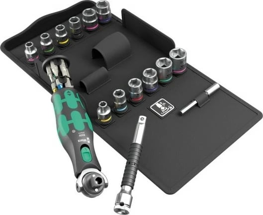 Set veglash Wera 8009 Zyklop Pocket 4, 1/4", me kasë, e zezë/e gjelbër