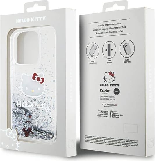 Mbështjellës Hello Kitty Liquid Glitter Charms Kitty Head për iPhone 13 / 13 Pro, argjendtë