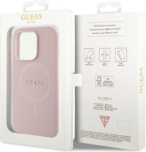 Mbështjellës Guess GUHMP13LPSAHMCP për iPhone 13 Pro / 13, Saffiano MagSafe, rozë