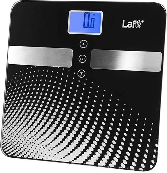 Peshore banjoje elektronike, Lafe WLS003.0, analizë trupi (yndyrë/ujë/kockë/muskuj/kalori), kapacitet 150 kg, saktësi 100 g, memorje 10 përdorues, ekran LCD me ndriçim blu, njësi kg/lb/st, 30x30 cm, e zezë