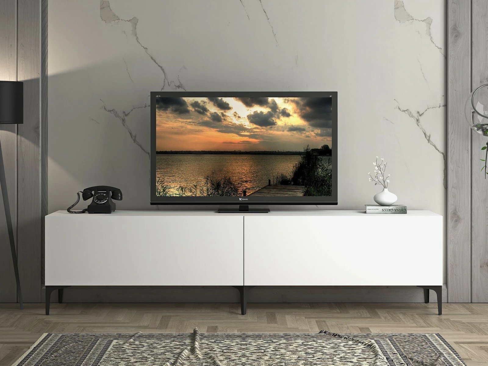 Komodë TV Hanah Home, FRN-12003, e bardhë, këmbë metalike, 200x47x40cm