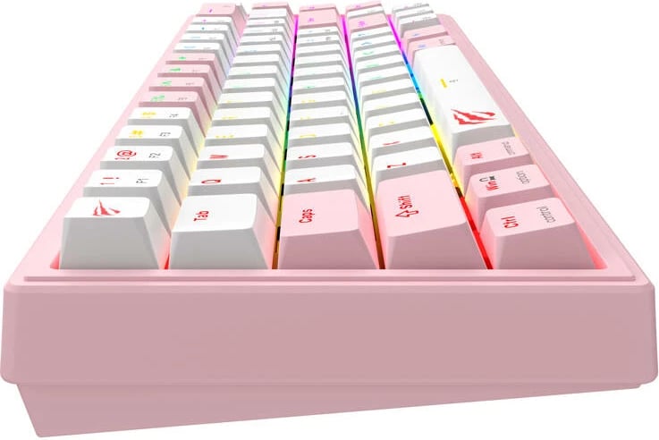 Tastierë mekanike gaming Havit KB874L, RGB, me kabllo, 67 taste, rozë dhe bardhë