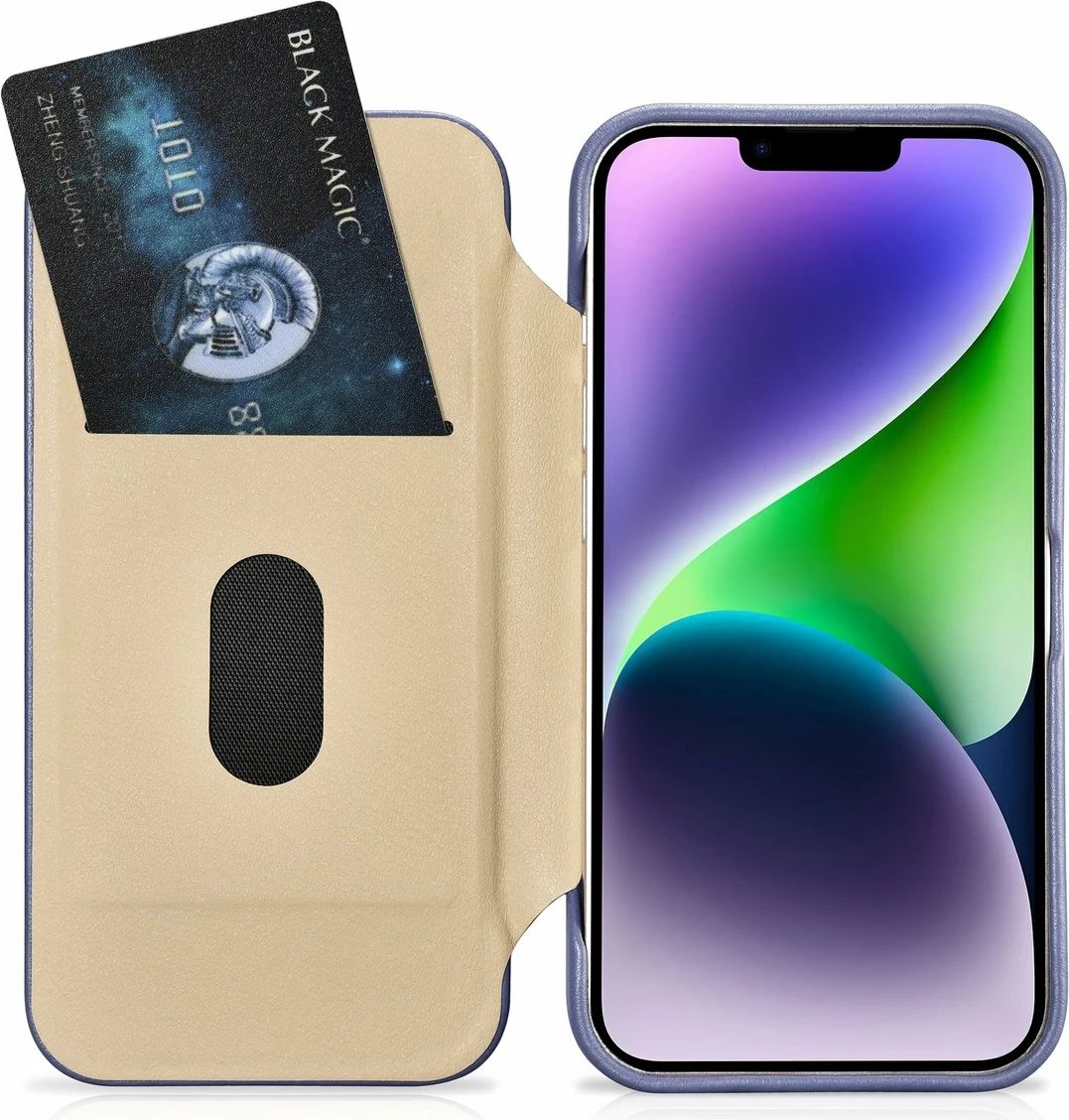 Mbështjellës lëkure iCarer CE Premium Folio për iPhone 14 Plus, MagSafe, Vjollcë e lehtë